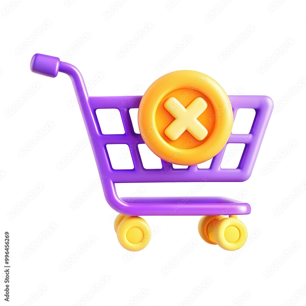 Poster a colorful 3d shopping cart icon featuring a cancel symbol, designed in a playful style. perfect for