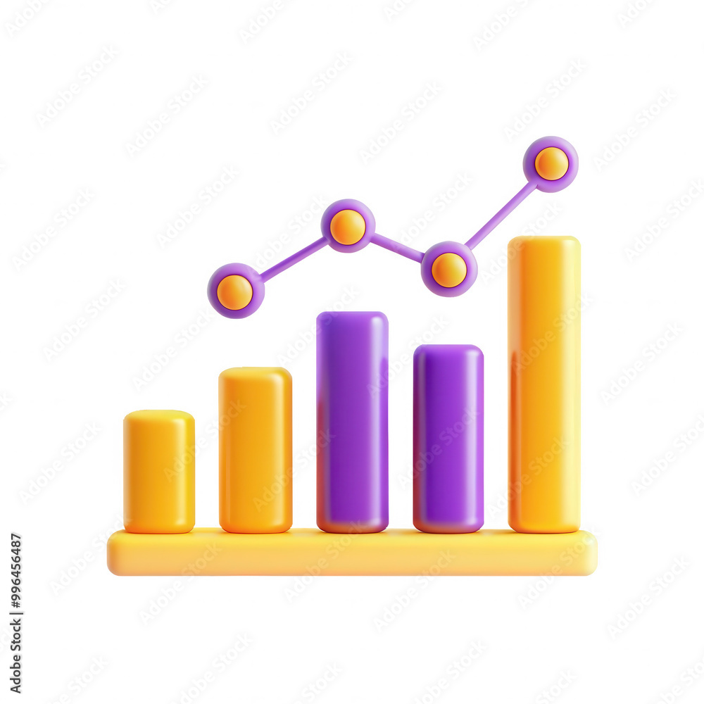 Poster a colorful 3d graph icon showing varying height bars and connecting lines. ideal for presentations o