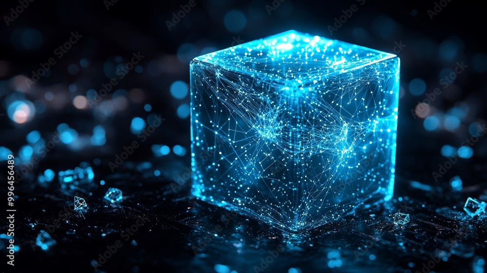 Poster the blue cube on the black background is a wireframe square structure with glowing particles and lin