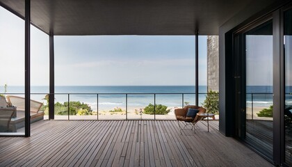 Terrace with panoramic windows overlooking the sea. Black balcony room with access to the beach. Studio mockup in modern interior design. living room with window