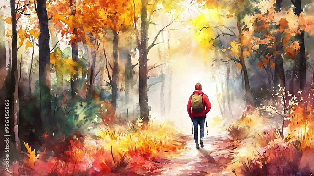 Sticker Watercolor Painting of a Person Hiking Through an Autumn Forest.