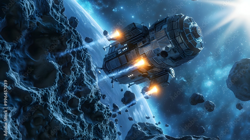 Poster high tech asteroid mining mission with spacecraft and robotic harvesting