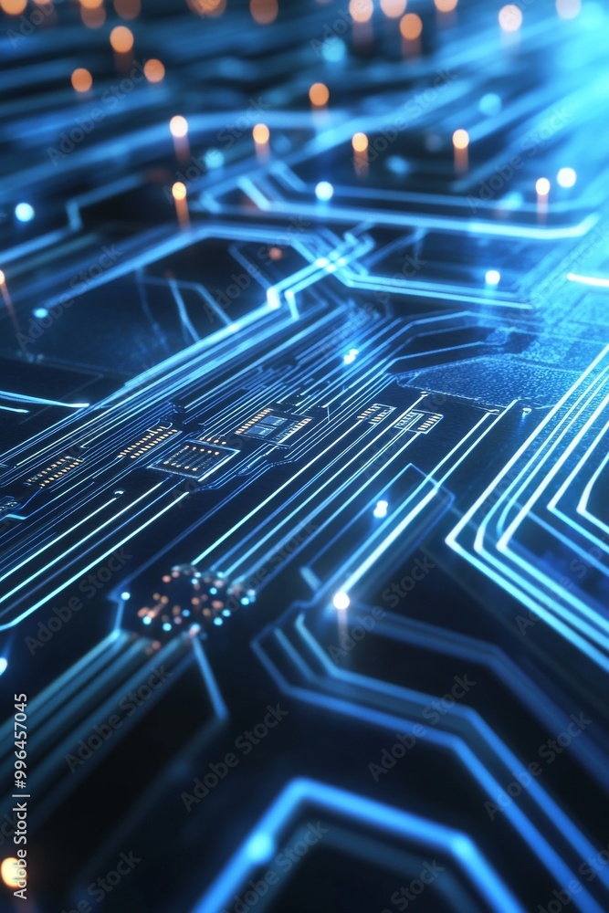 Poster the background of an electronic circuit board in blueprint style is blue.