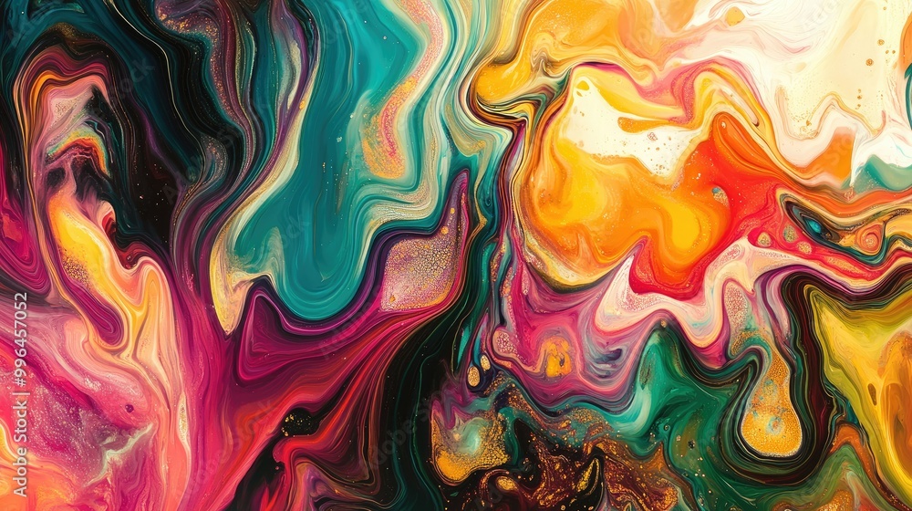 Poster abstract fluid art pattern with swirling shapes and vibrant colors, creating a sense of movement and