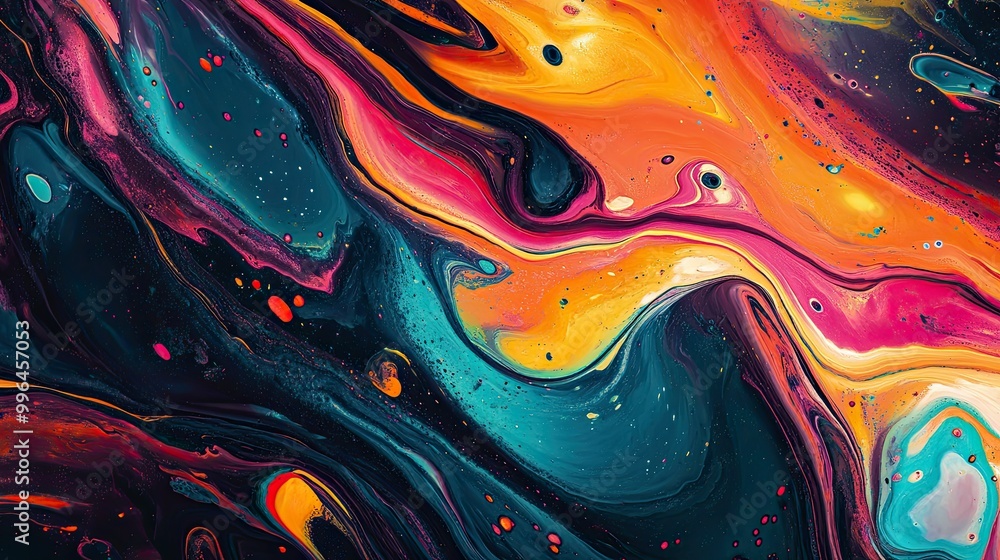 Poster abstract fluid art pattern with swirling shapes and vibrant colors, creating a sense of movement and