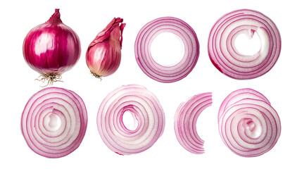 Set of red onions whole bulbs and pieces isolated on transparent background,Set of red onion slices,top view,Fresh red onion and cut in various size,png,Sliced red onions png,full depth of field,Ai