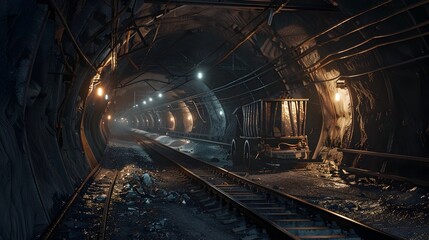 Naklejka premium Illuminated Underground Mining Tunnel with Rail Network for Ore Carts