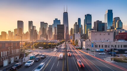Obraz premium A time-lapse of a modern city at dawn, with the skyline silhouetted against the gradually brightening sky as the day begins to emerge 