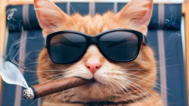 A cool orange cat wearing sunglasses and holding a cigar, lounging in a chair.