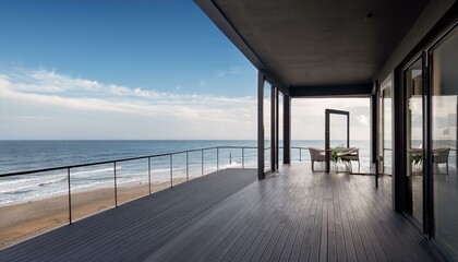 Terrace with panoramic windows overlooking the sea. Black balcony room with access to the beach. Studio mockup in modern interior design. living room with window