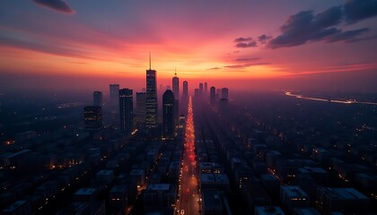 Fototapeta premium A time-lapse of a modern city at dawn, with the skyline silhouetted against the gradually brightening sky as the day begins to emerge 