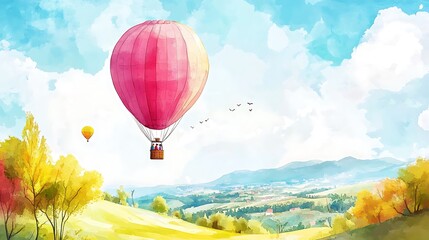 Obraz premium Watercolor Illustration of a Hot Air Balloon Soaring Over a Rolling Landscape.