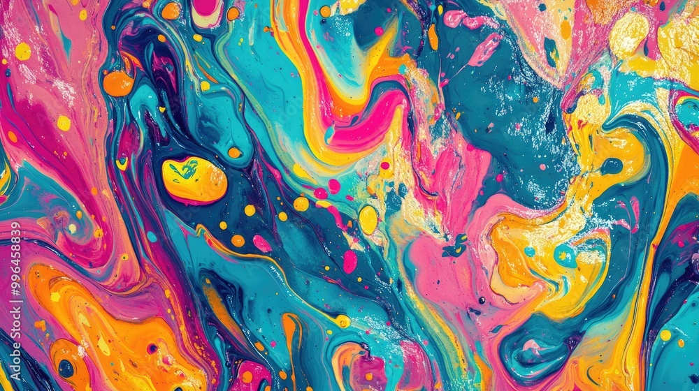 Poster abstract pattern of splashes and swirls of paint, bright and colorful, with ample copy space.