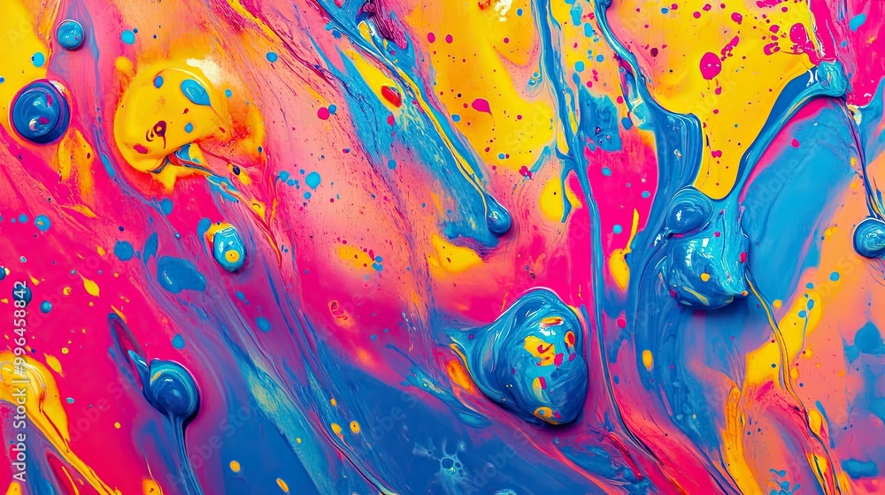 Poster abstract pattern of splashes and swirls of paint, bright and colorful, with ample copy space.