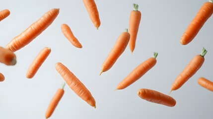 Carrots falling in various positions on a white backdrop