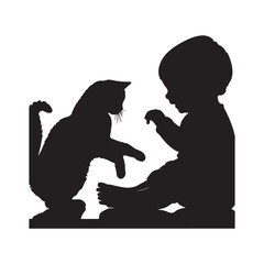 baby playing with cute cat silhouette on white background
