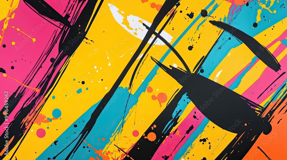 Poster abstract pattern with bold, intersecting lines and vibrant splashes of color.
