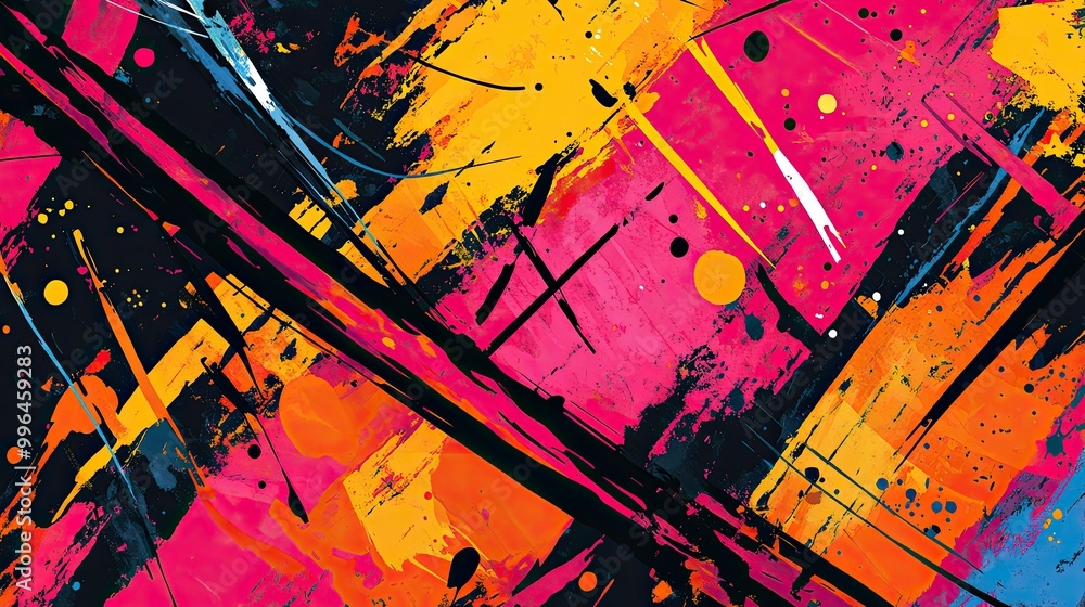 Poster abstract pattern with bold, intersecting lines and vibrant splashes of color.