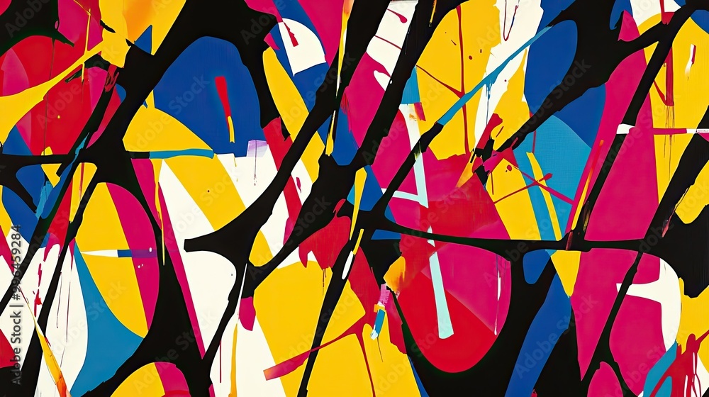 Poster abstract pattern with bold, intersecting lines and vibrant splashes of color.