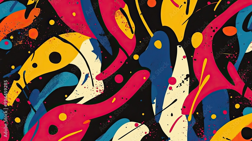 Poster abstract pattern with bold lines and bright splashes of color, playful and energetic.