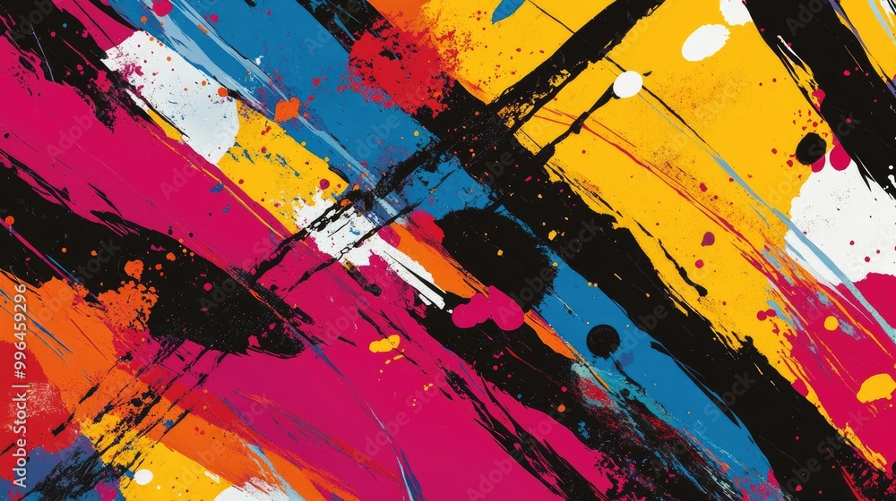 Poster abstract pattern with bold, intersecting lines and vibrant splashes of color.