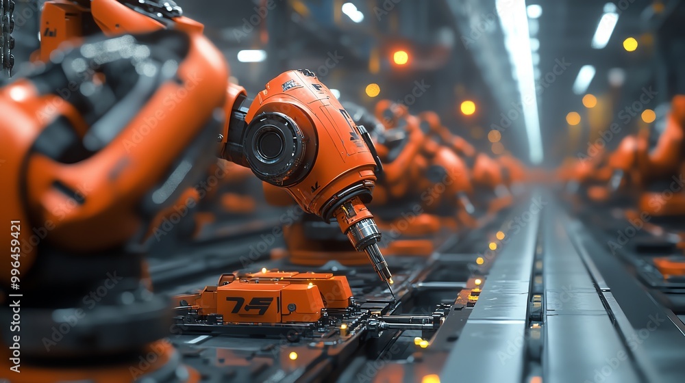 Poster a line of orange robotic arms working on an assembly line in a futuristic factory.