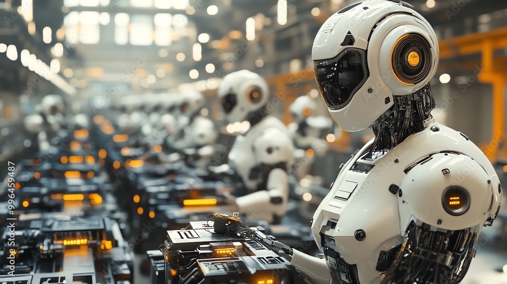 Poster a line of humanoid robots work on an assembly line in a futuristic factory.