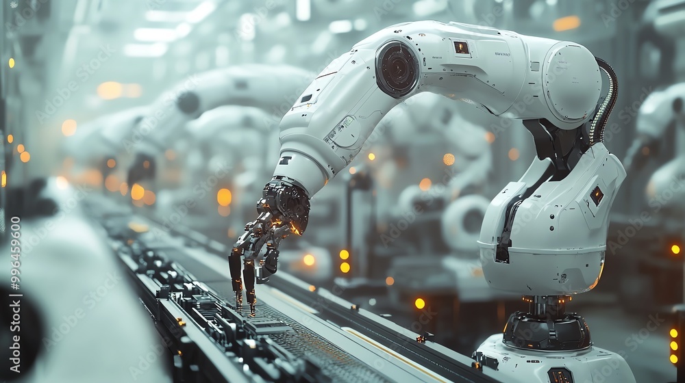 Poster futuristic robotic arms operate on a factory assembly line, showcasing automation and advanced techn