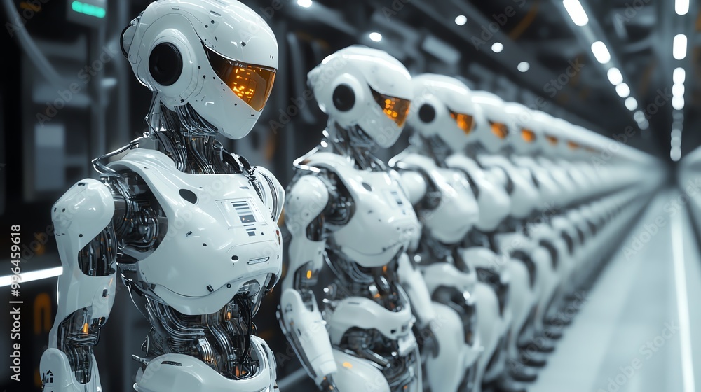 Aufkleber a line of white humanoid robots stand in a futuristic factory setting, representing automation and t