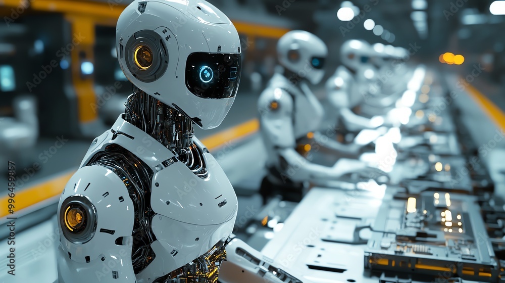 Poster a line of white robots work on an assembly line, representing automation and technological advanceme