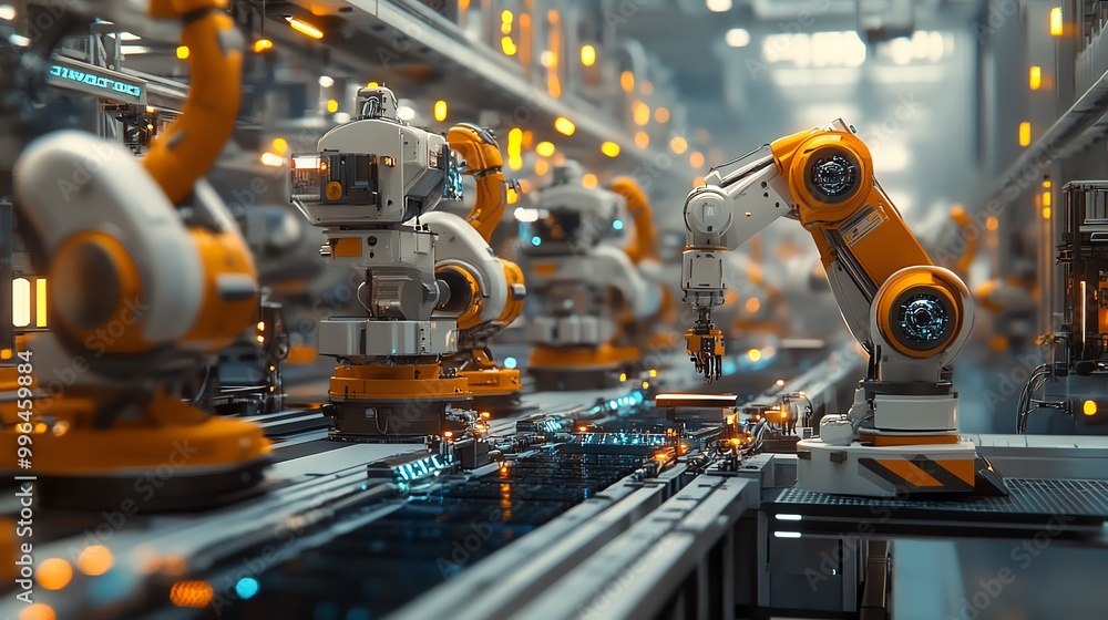 Poster close-up of robotic arms working on an assembly line in a futuristic factory.