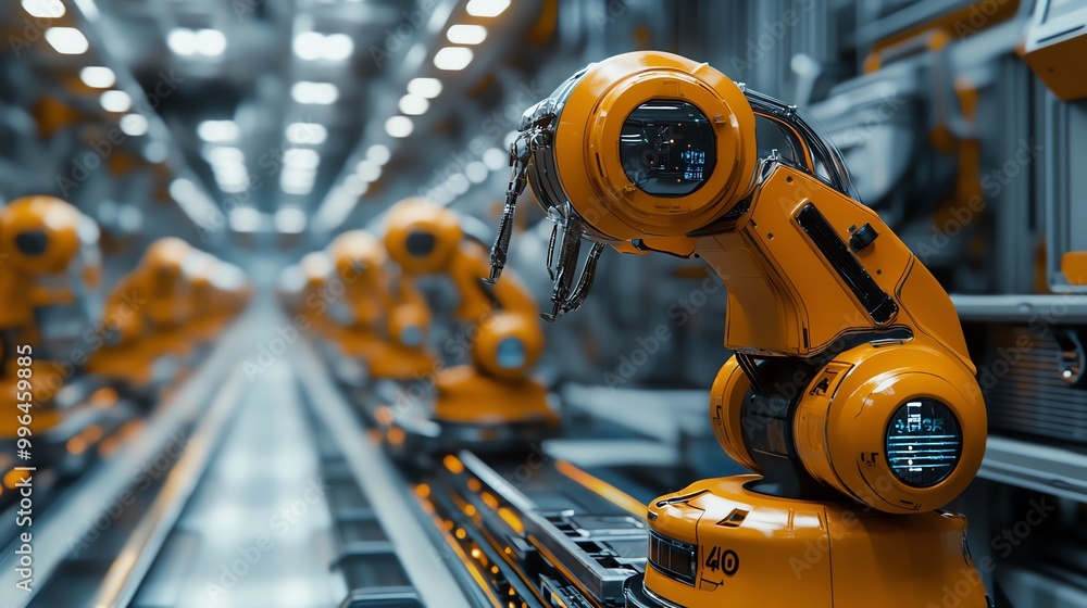 Poster row of robotic arms on an assembly line in a factory.
