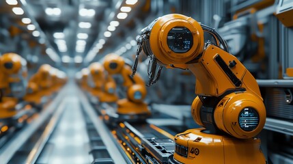Fototapeta premium Row of robotic arms on an assembly line in a factory.
