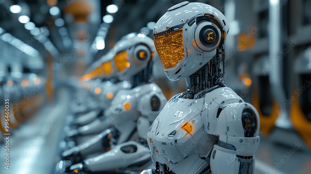 Poster Row of futuristic robots in a factory setting, showcasing advanced technology and automation.