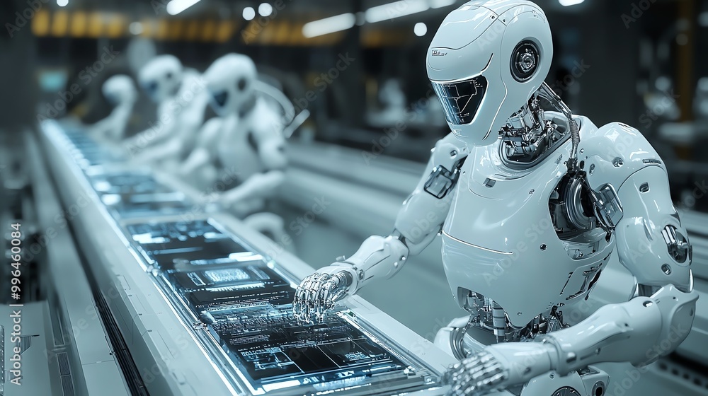 Poster a row of white humanoid robots working on an assembly line in a futuristic factory.