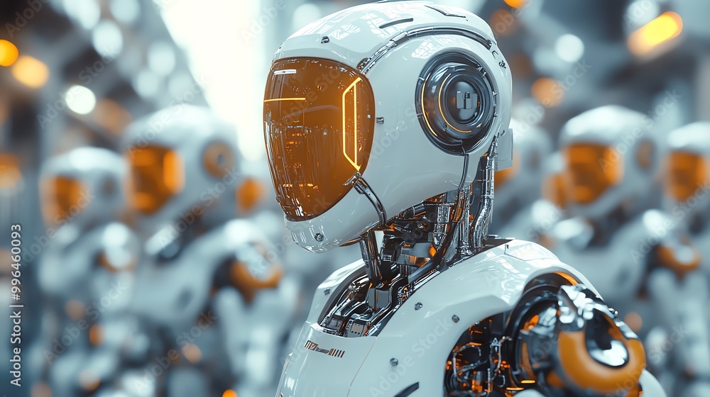 Poster a close-up of a futuristic robot with a white and orange body and a glowing visor. the robot is part