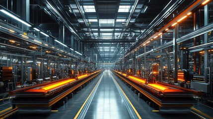 Fototapeta premium Empty futuristic factory with glowing conveyor belts.