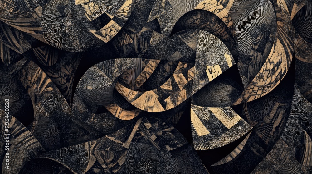 Poster abstract pattern with intricate lines and shapes, creating a sense of depth and complexity.