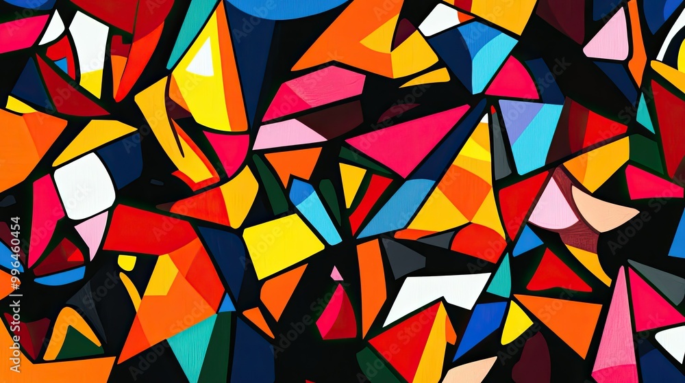 Poster abstract pattern with sharp, angular shapes and bright, contrasting colors, creating a dynamic compo