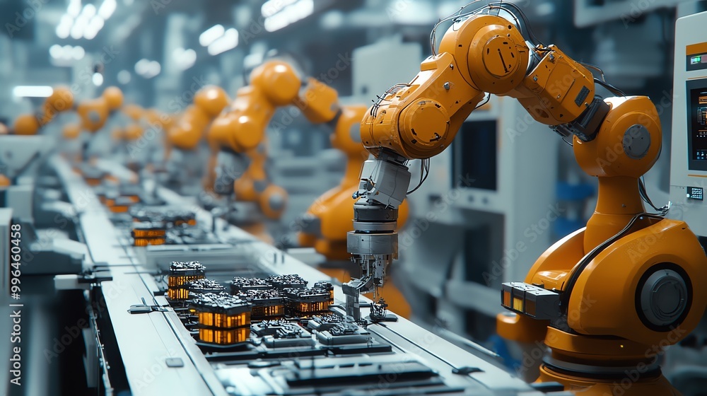 Poster robotic arms assembling products in a fully automated factory, precision and efficiency, smart manuf