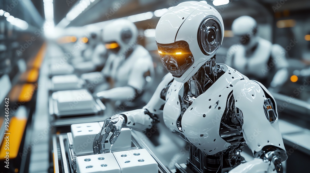 Aufkleber a row of humanoid robots working in a factory setting, representing automation and industrial innova