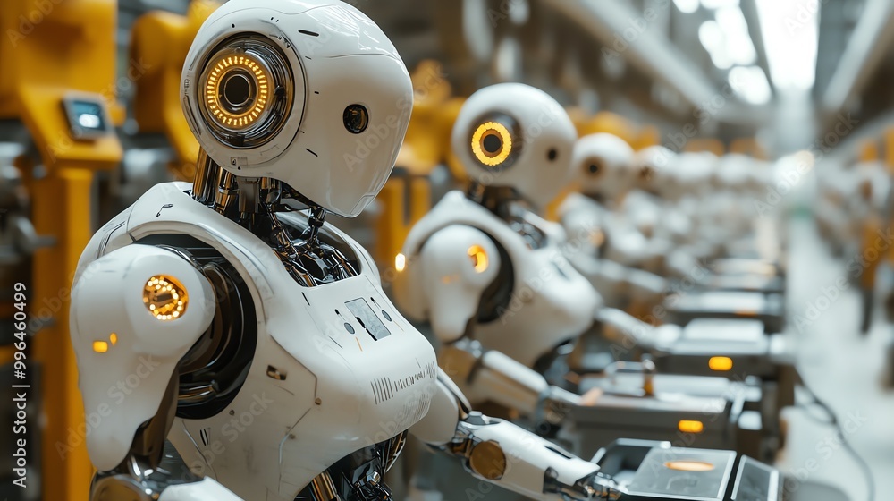 Poster a row of humanoid robots working in a factory setting, representing automation and industrial innova
