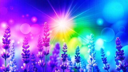 Lavender gradient background, vibrant field with sun rays, colorful bokeh, copy space

