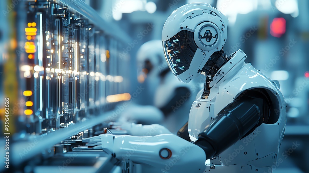 Poster row of futuristic robots working on laptops in a high-tech factory setting.