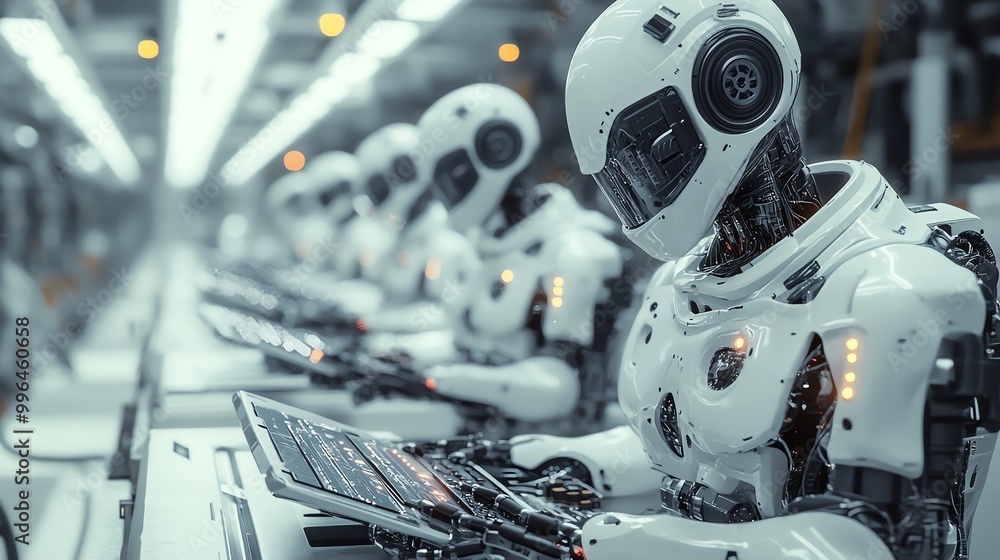 Poster row of futuristic robots working on laptops in a high-tech factory setting.