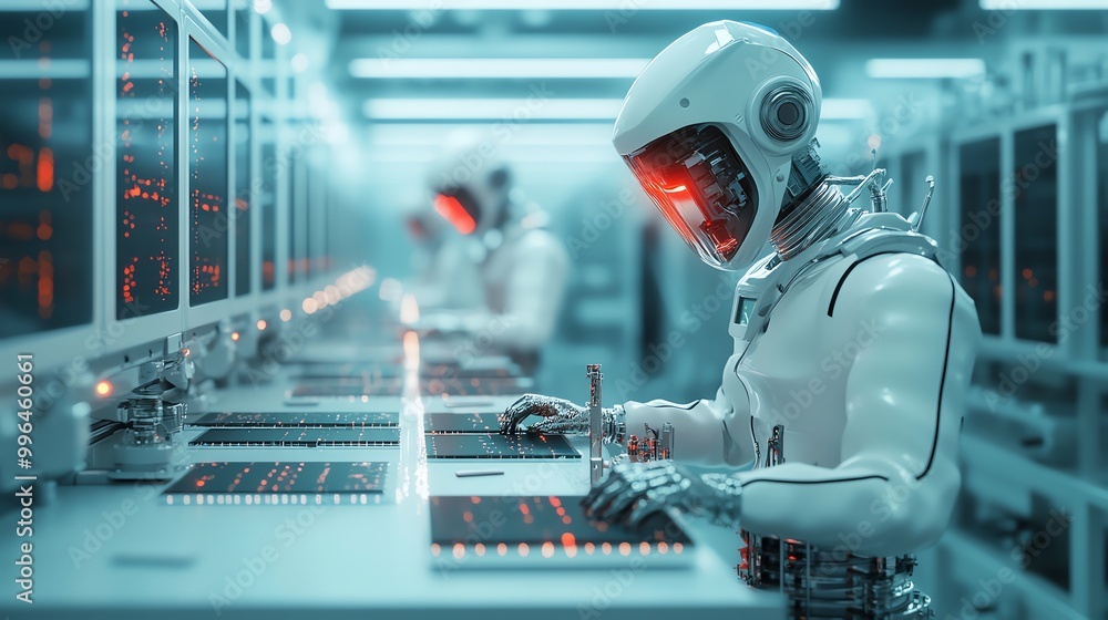 Poster row of futuristic robots working on laptops in a high-tech factory setting.