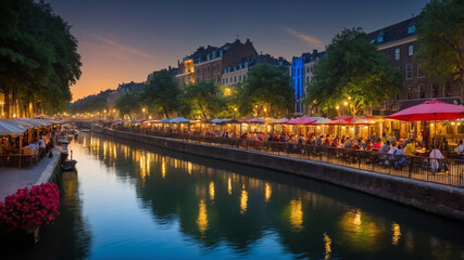 Fototapeta premium Scenic canal-side cafes with lit terraces during a serene twilight evening, showcasing vibrant umbrellas.