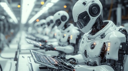 Row of futuristic robots working on laptops in a high-tech factory setting.