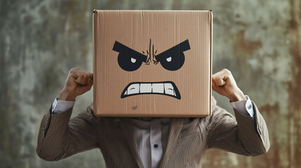 Frustrated Businessman Wearing Angry Face Box Over His Head