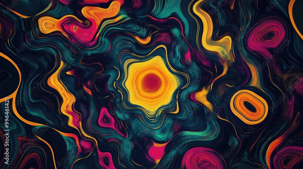 Poster abstract swirling lines and shapes creating a hypnotic pattern. bright colors in contrast with dark 